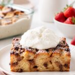 Sourdough bread pudding with chocolate and cream.