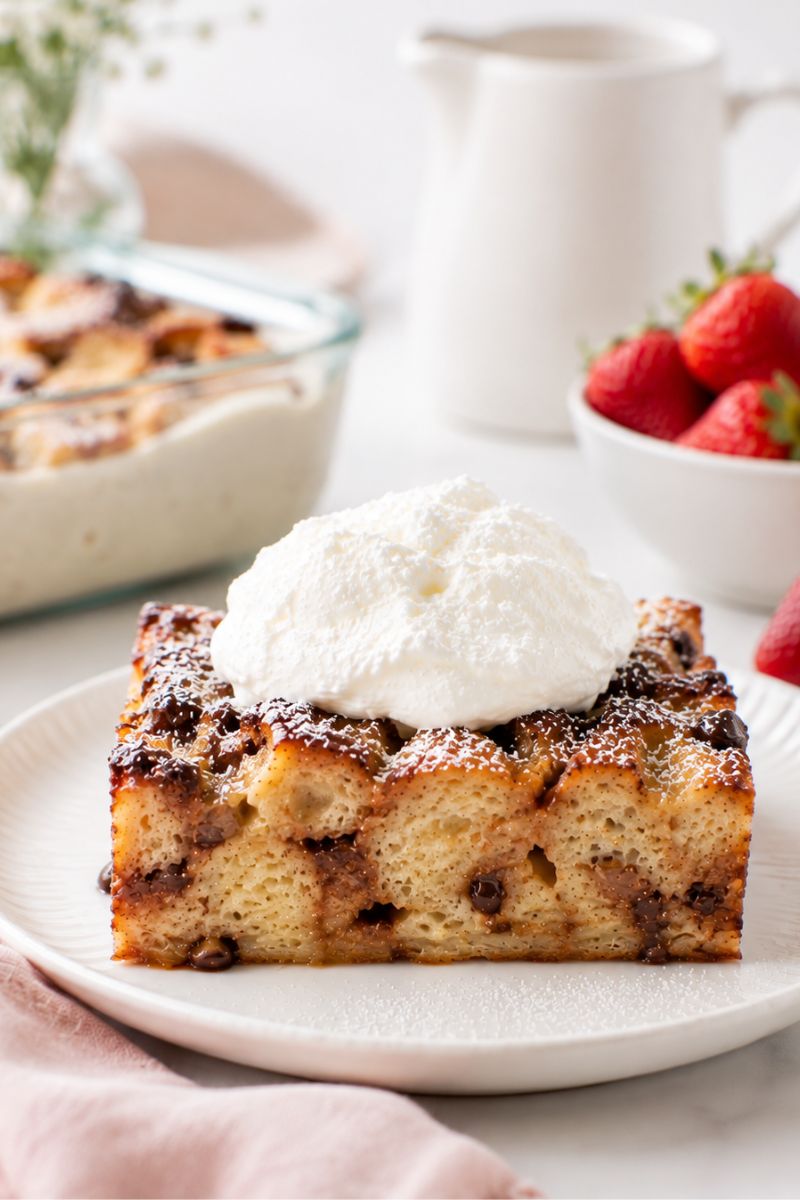Sourdough bread pudding with chocolate and cream.