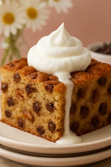 Sourdough bread pudding with whipped cream.