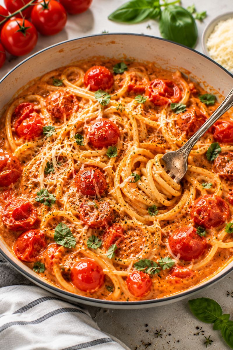 Cherry tomato pasta with a fork in it.