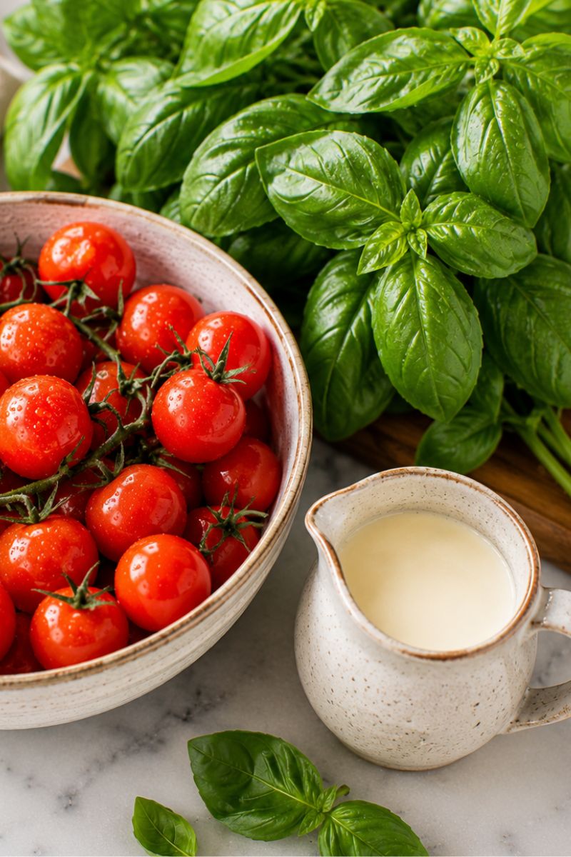 Some of the ingredients needed including cherry tomatoes, cream and basil.