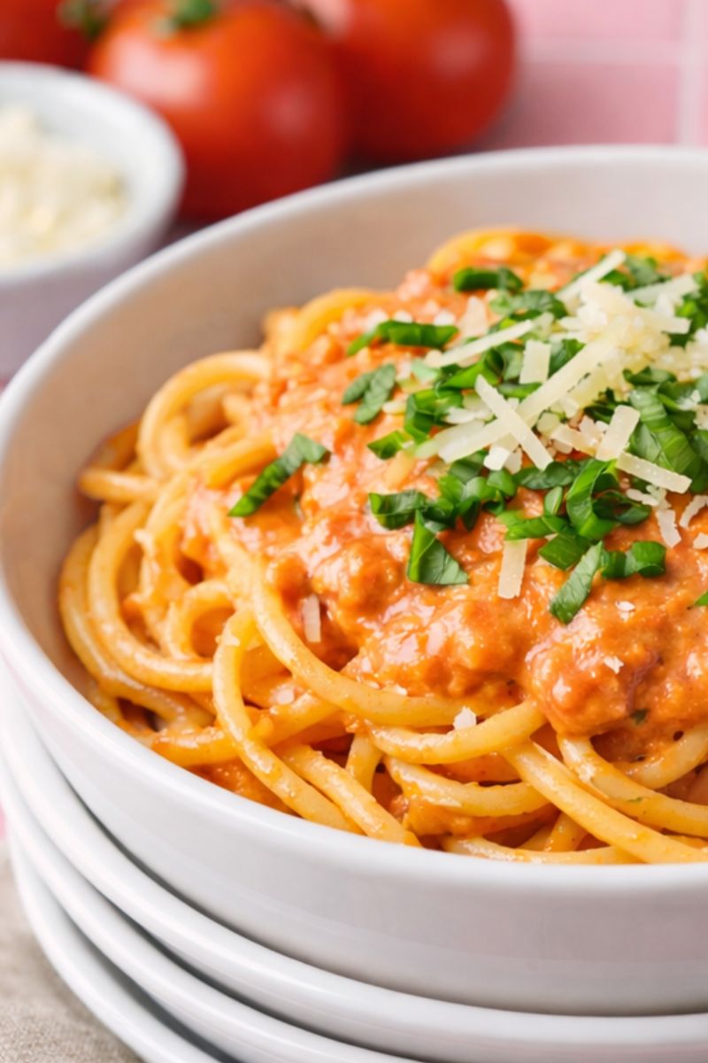 A bowl of spaghetti with roasted tomato sauce. Shredded basil and Parmesan cheese.