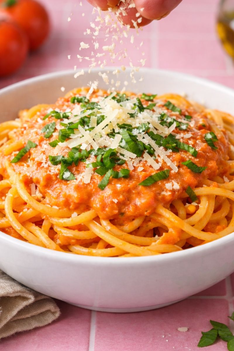 A bowl of cherry tomato spaghetti sauce with a sprinkle of Parmesan cheese.