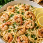 Garlic butter noodles with shrimp in a bowl.