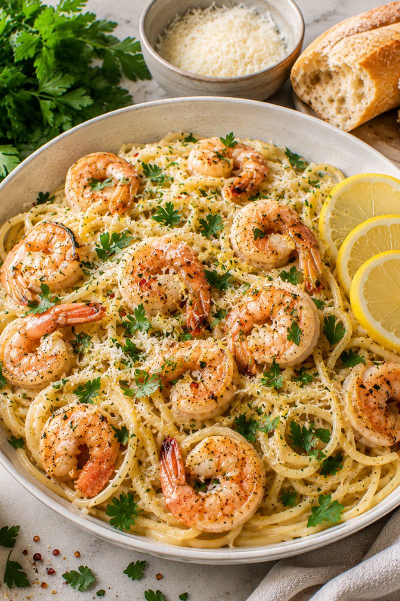 Garlic butter noodles with shrimp in a bowl.