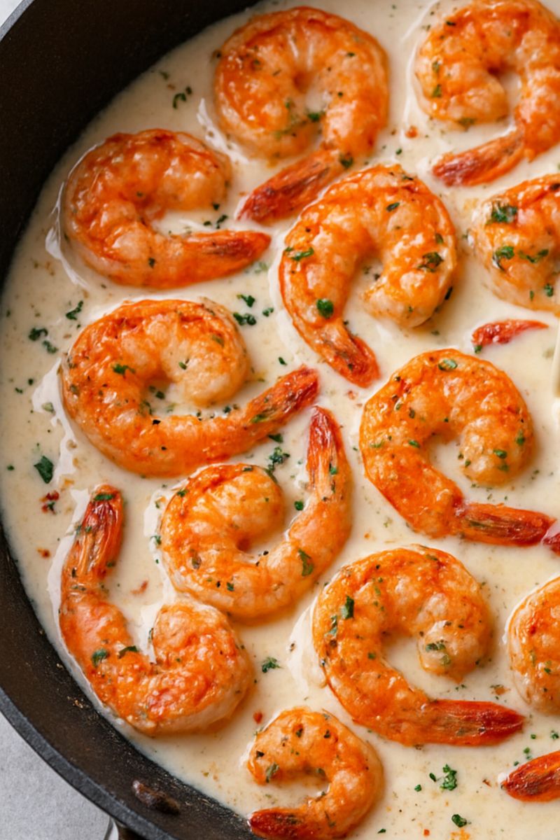 Adding the prawns to the sauce. 