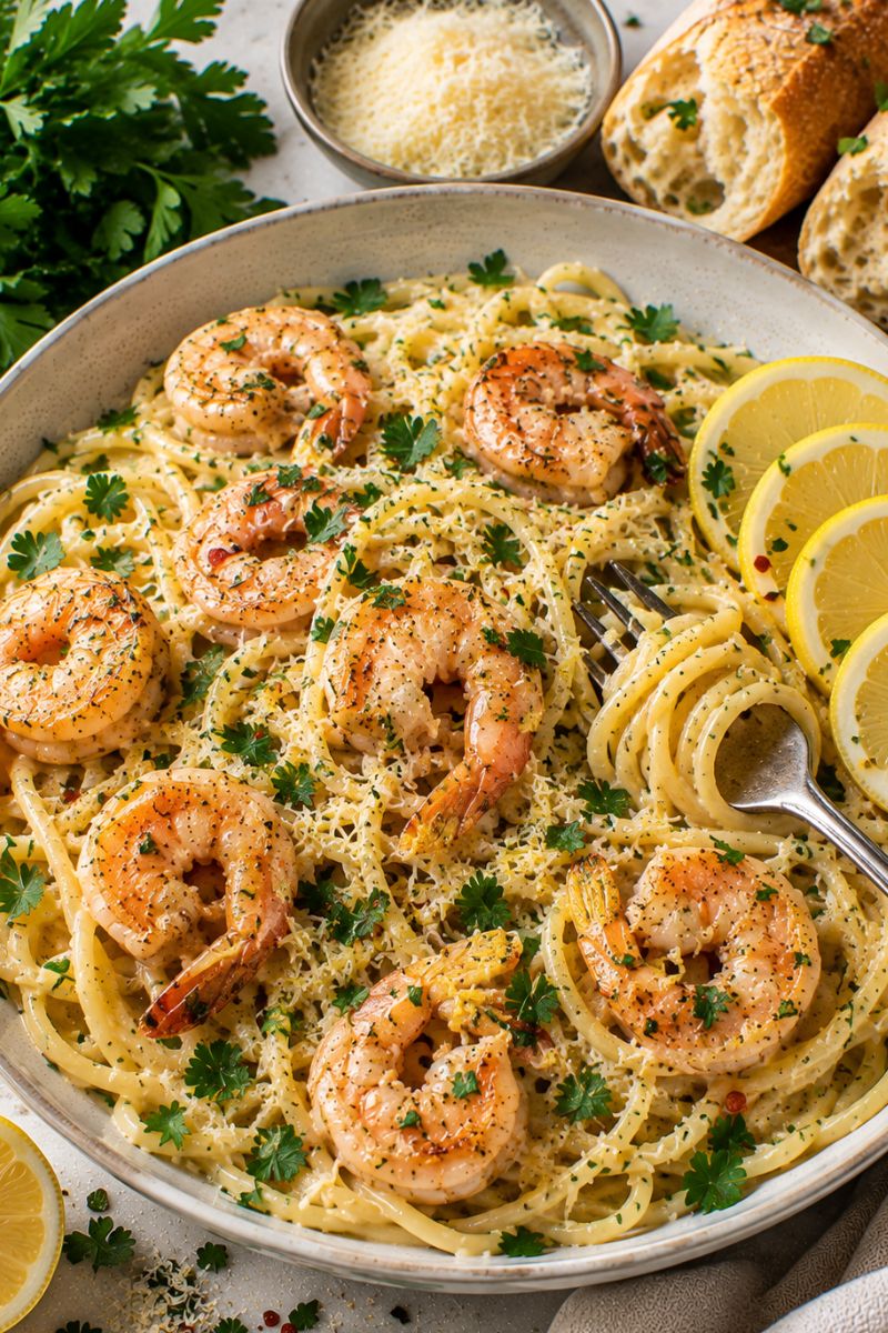 Garlic butter noodles with shrimp in a bowl.