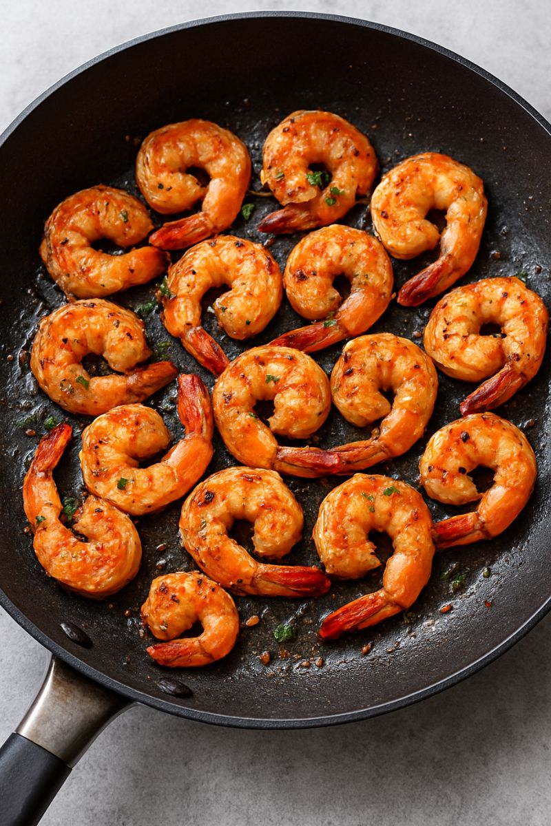 Frying shrimp in a pan. 