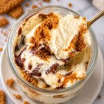 2 ingredient yogurt cheesecake with Greek yogurt, Biscoff cookies and chocolate topping.