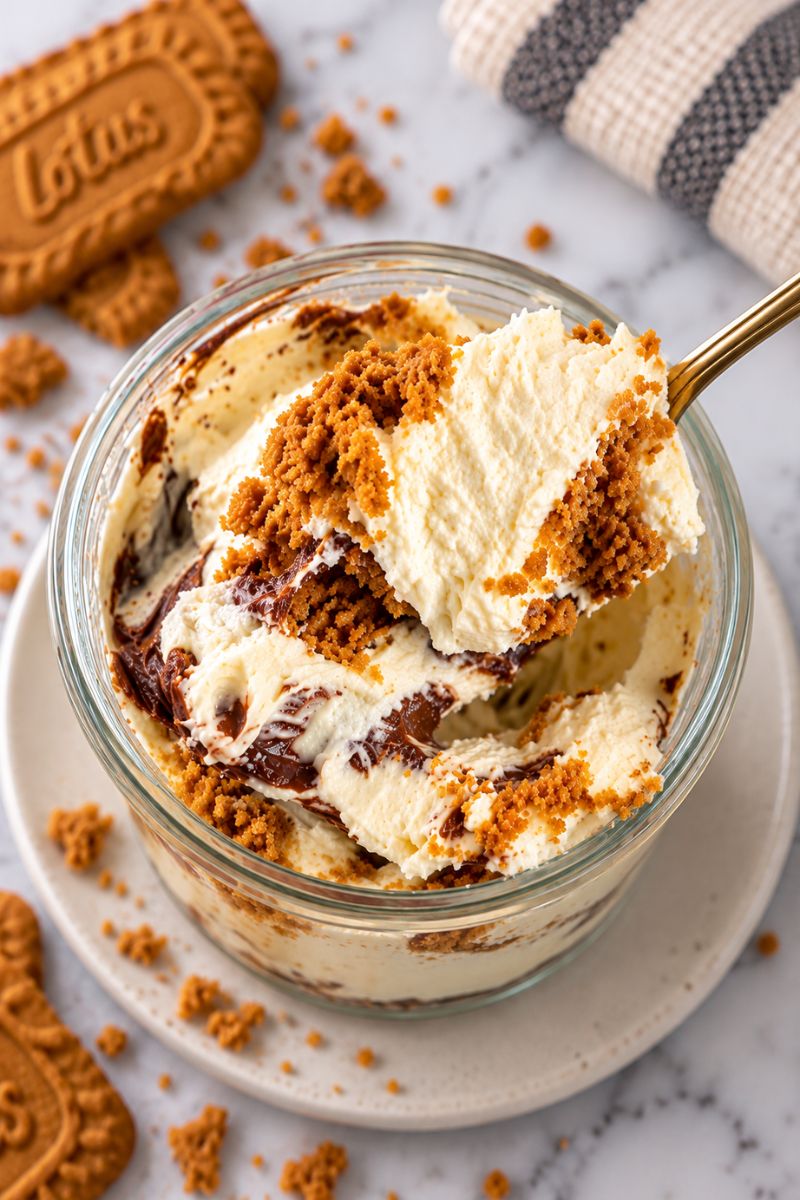 2 ingredient yogurt cheesecake with Greek yogurt, Biscoff cookies and chocolate topping.