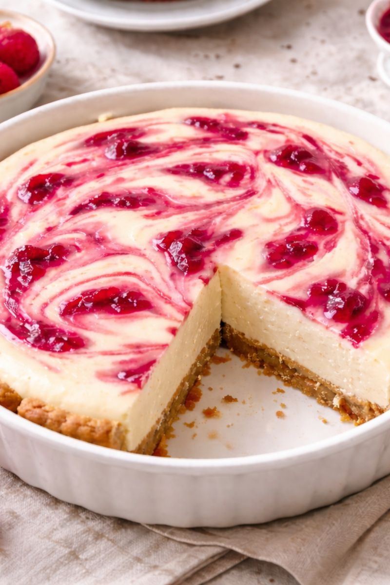 Three ingredient cheesecake with a berry jam swirl. 