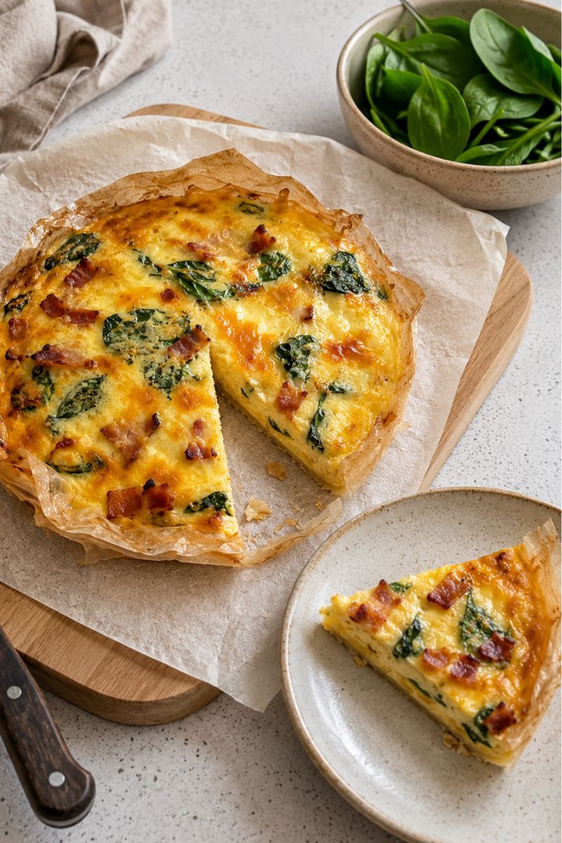 Bacon and cheese quiche with a side bowl of spinach.