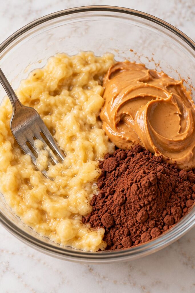 Mashed banana, peanut butter and cocoa in a mixing bowl. 
