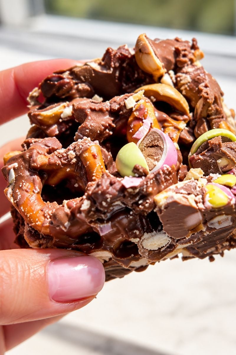 Easy chocolate bark with pretzels and mini Easter candy eggs