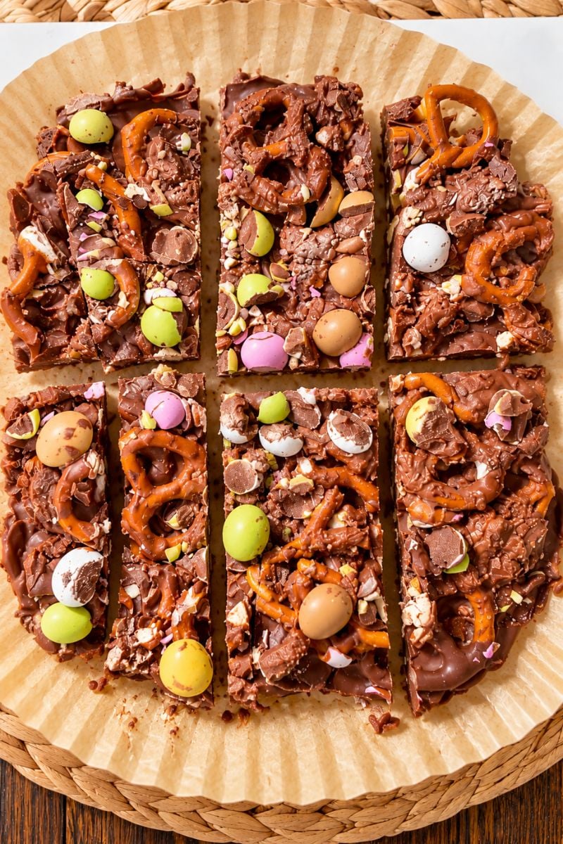 Easy chocolate bark with pretzels and mini Easter candy eggs
