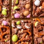 Close-up of Easter chocolate bark with pretzels and mini candy eggs.