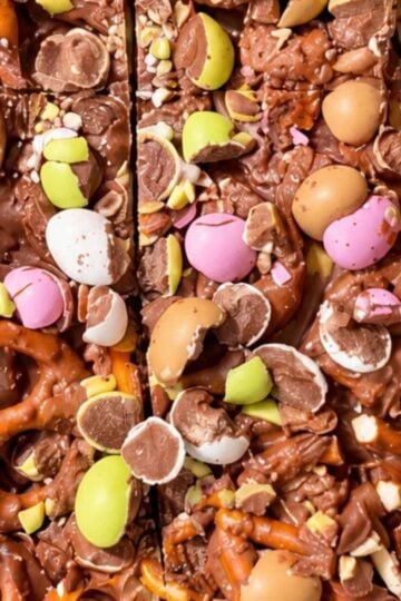 Easy chocolate bark with pretzels and mini Easter candy eggs