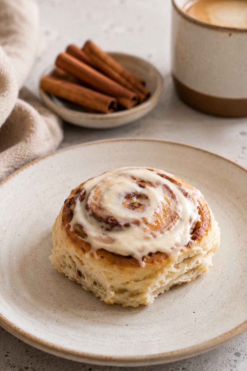 No-rise cinnamon bun on a small plate with a coffee next to it.