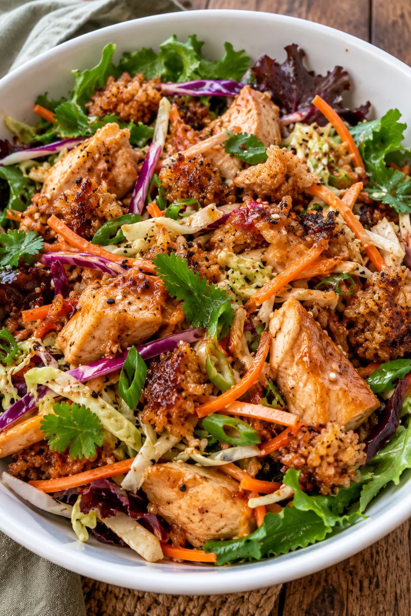 Crispy rice salad with chicken, crunchy coleslaw and golden crispy rice