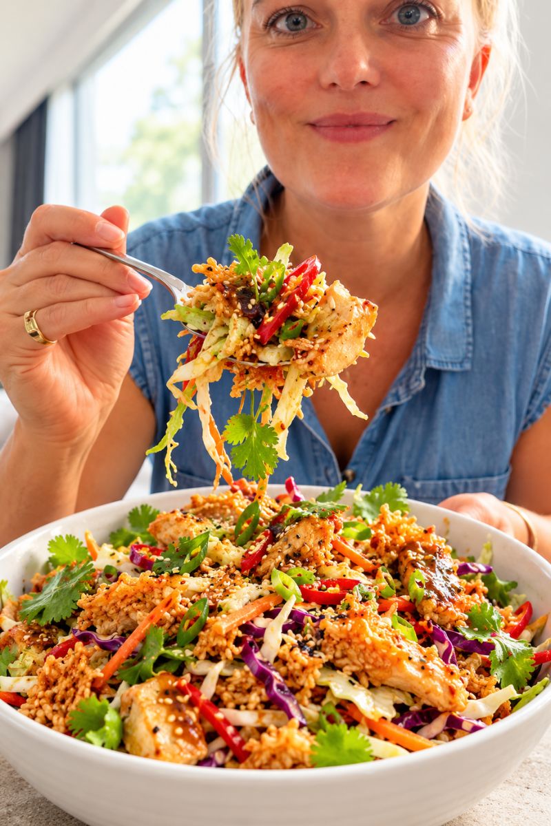 Close-up of crispy rice chicken salad with golden rice and colorful coleslaw.