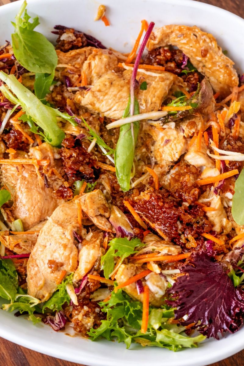 Crispy rice and salad with chicken. 