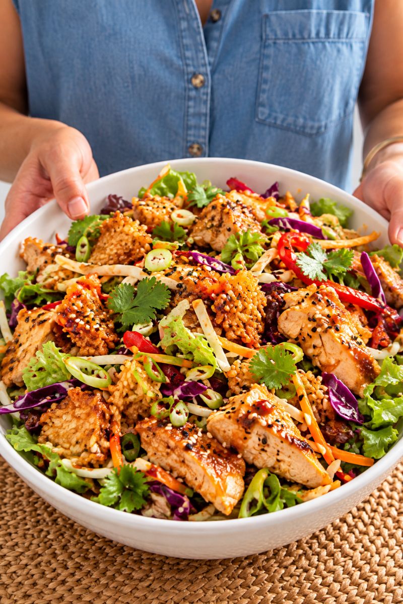 Crispy rice salad with tender chicken served in a bowl.