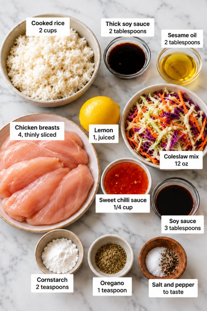 Ingredients for crispy rice salad with chicken including rice, chicken and coleslaw.