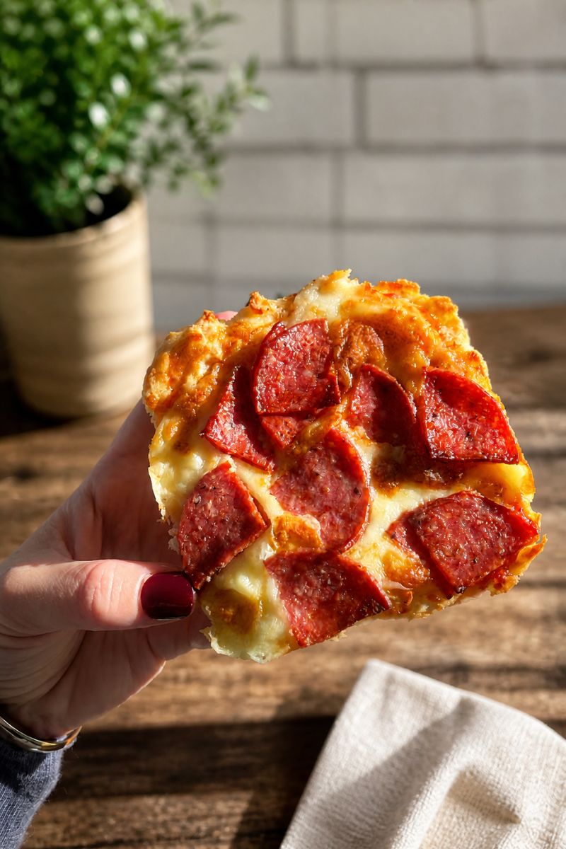 Holding a small pizza with pepperoni. The base is made with 2 ingredient pizza dough. 