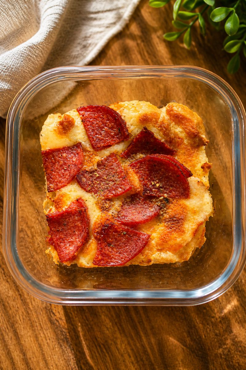 A small pizza in a glass container made from 2 ingredient pizza dough. 
