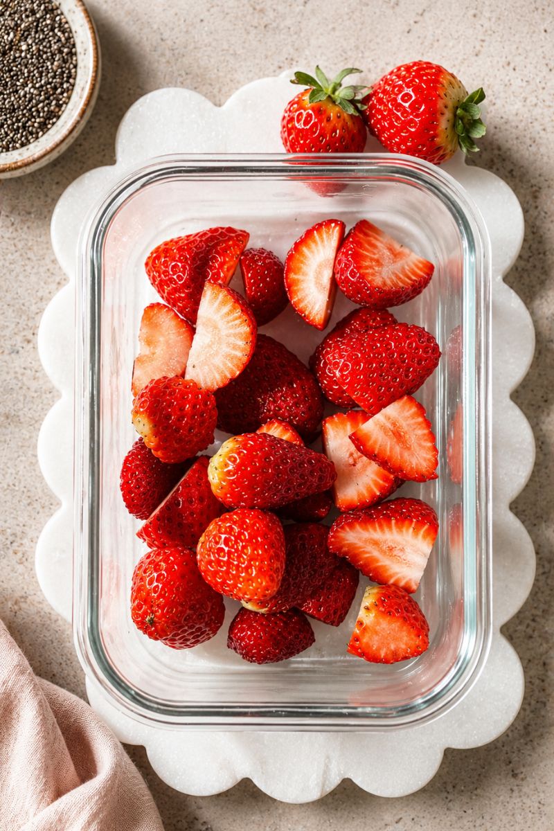 Fresh strawberries in a glass container. 