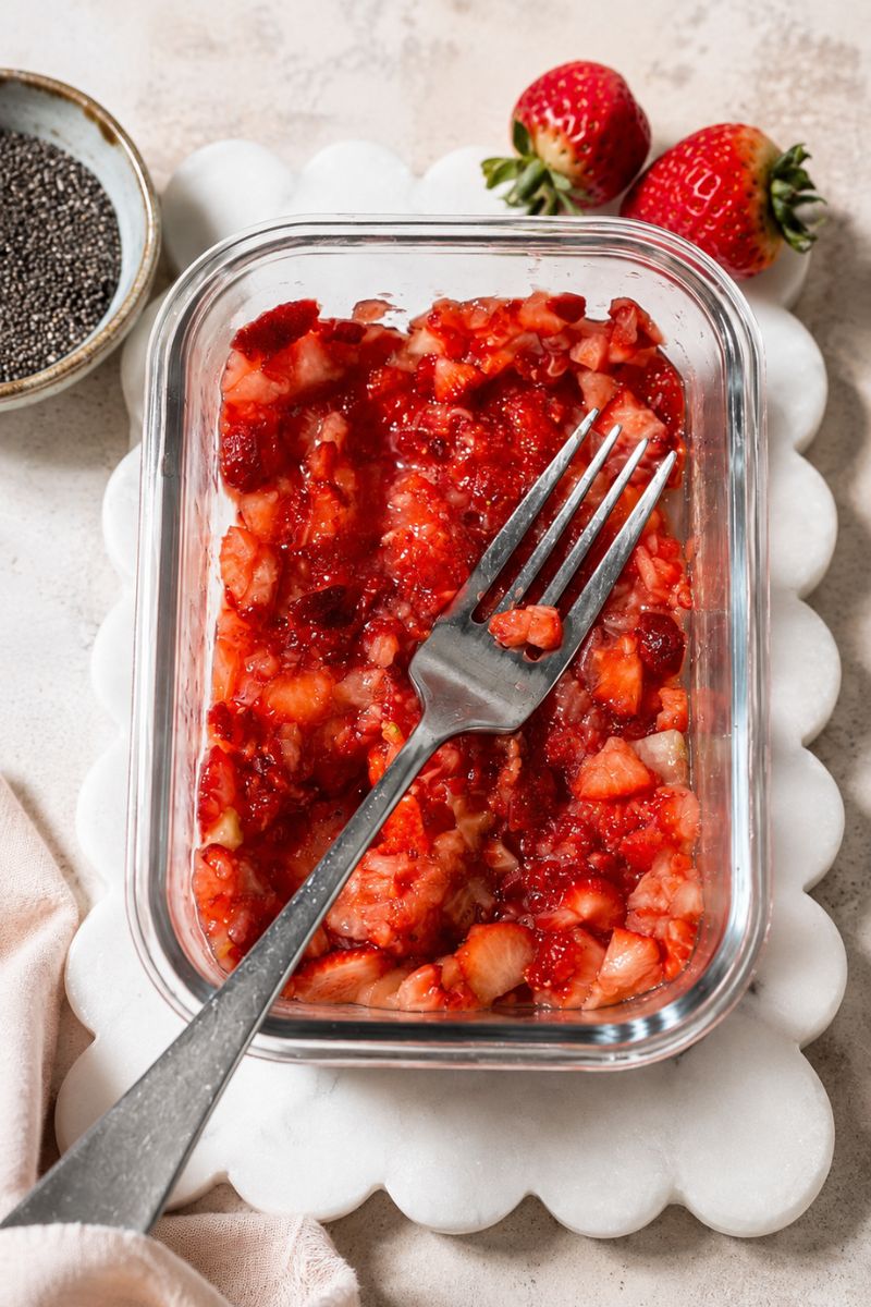 Mashed strawberries with a fork. 