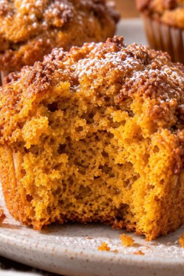 Pumpkin muffin with a bite showing the soft fluffy center.