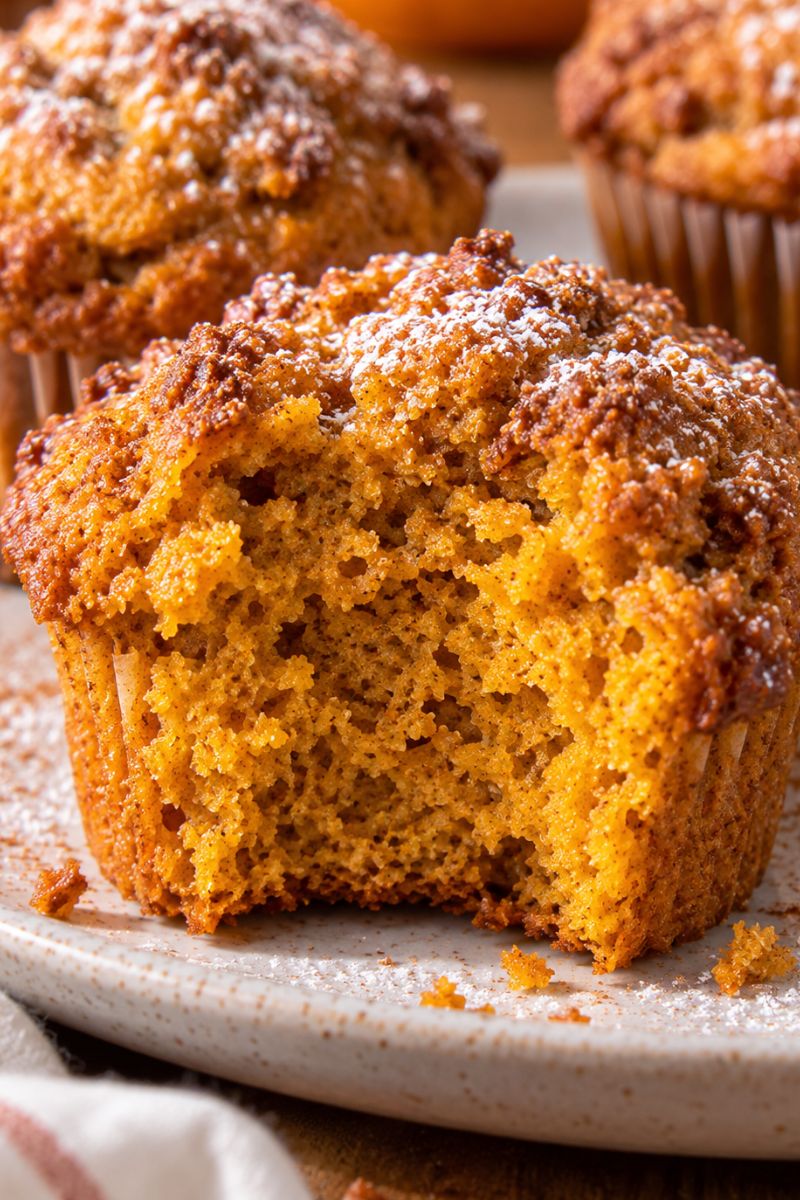 Pumpkin muffin with a bite showing the soft fluffy center.